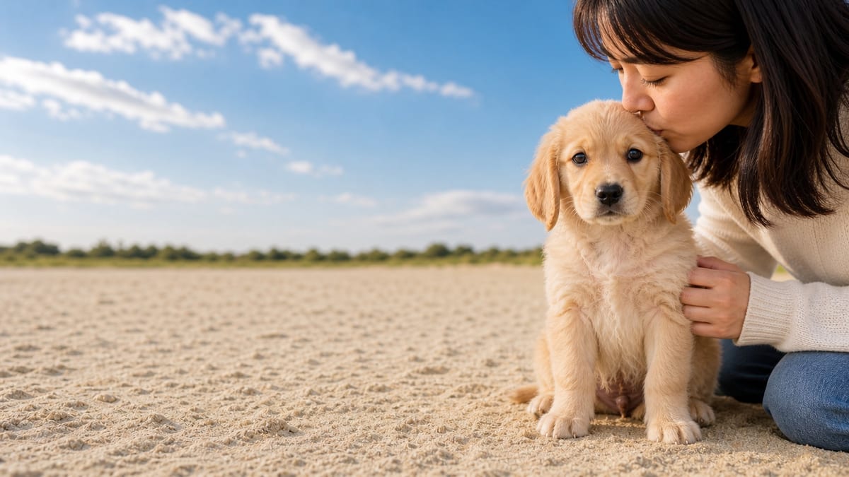 A woman kneeling in an open, sunlit Florida field, leaning down to kiss a golden retriever puppy under a wide blue sky.