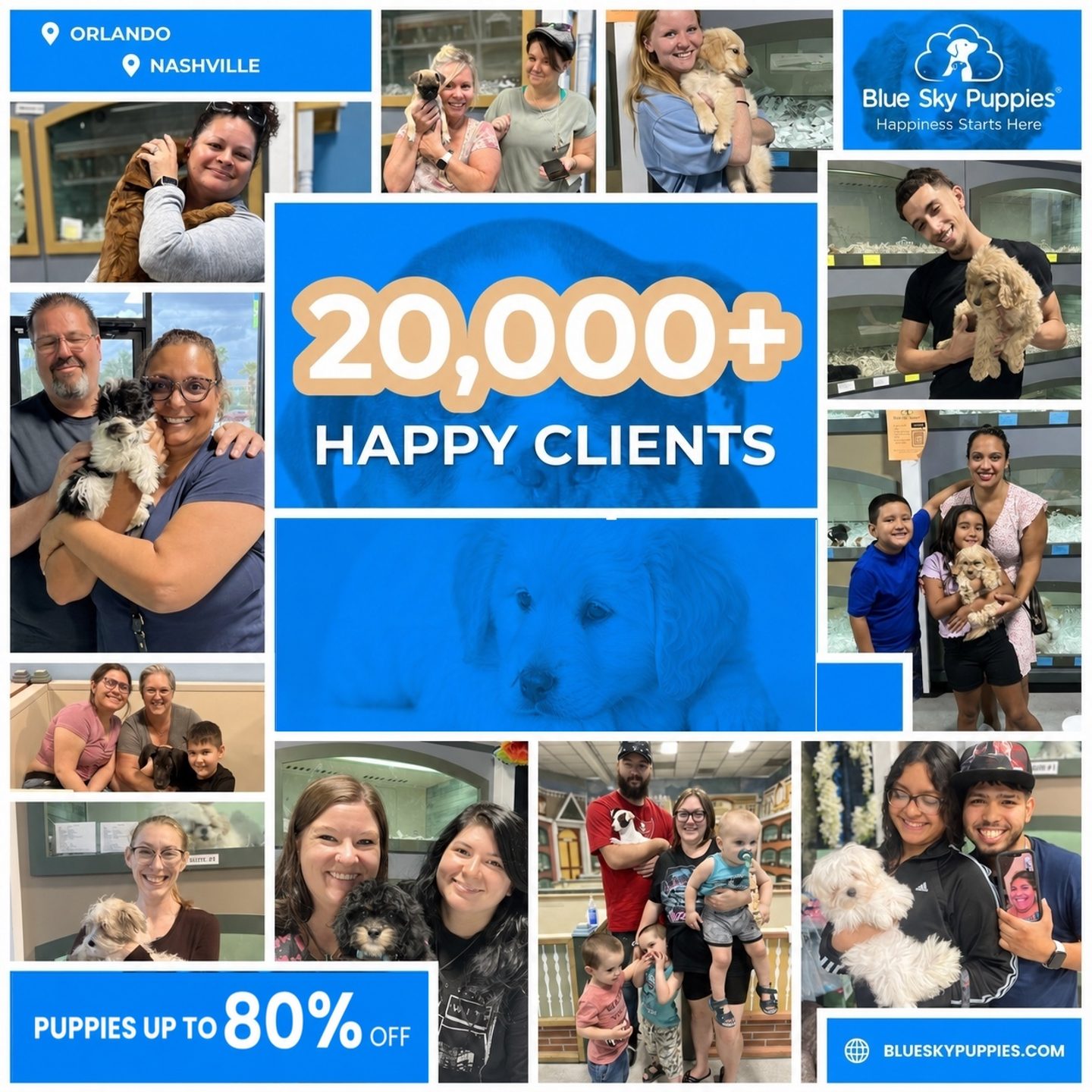 Blue Sky Puppies customers holding their new puppies in the Orlando and Nashville stores. 20,000+ happy clients. Warranty, best prices, top breeders, and a safe place to get your puppy. Puppies up to 80% off. Open today.