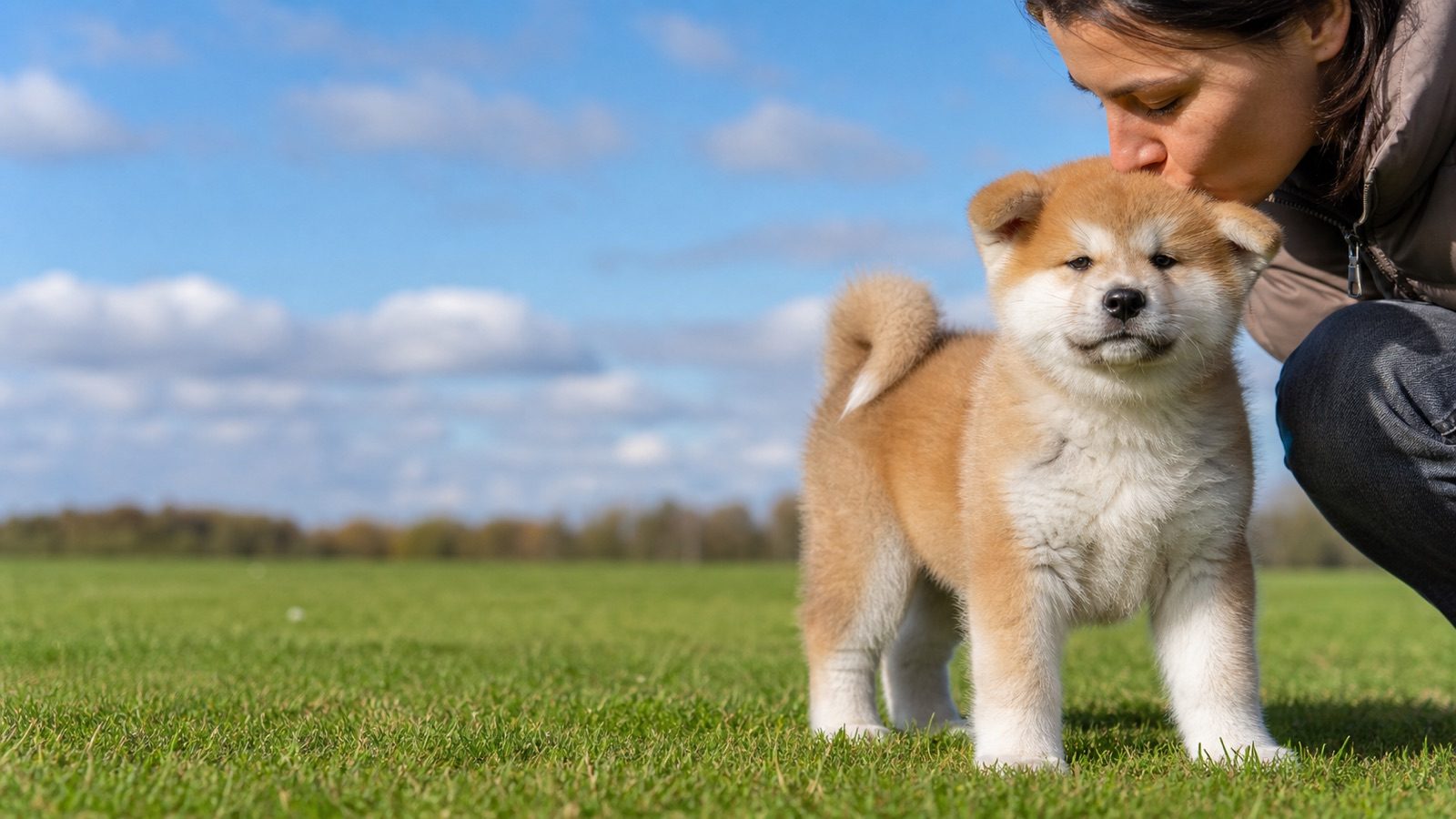 Akita puppy on grass in open parkland, a person kissing the top of its head, at Blue Sky Puppies