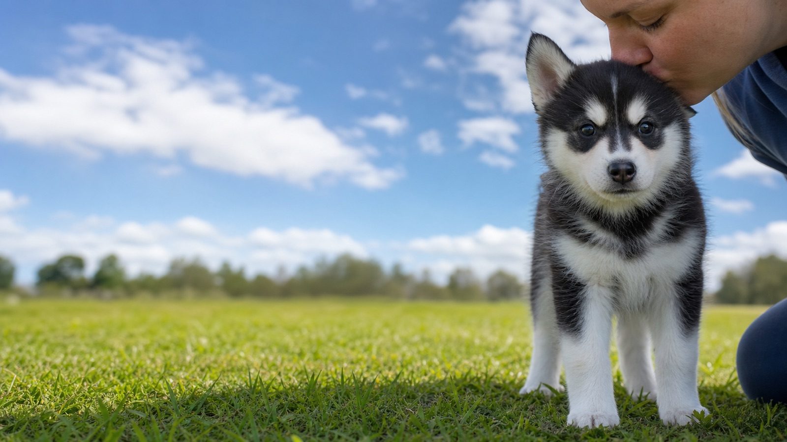Alaskan Klee Kai puppy on grass in open parkland, a person kissing the top of its head, at Blue Sky Puppies