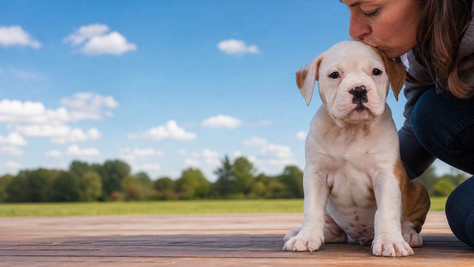 American Bulldog puppy on grass in open parkland, a person kissing the top of its head, at Blue Sky Puppies