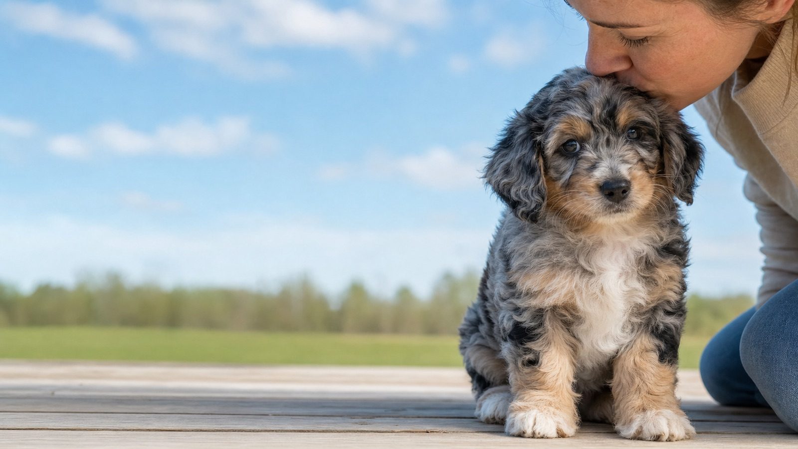 Aussiepoo puppy on grass in open parkland, a person kissing the top of its head, at Blue Sky Puppies