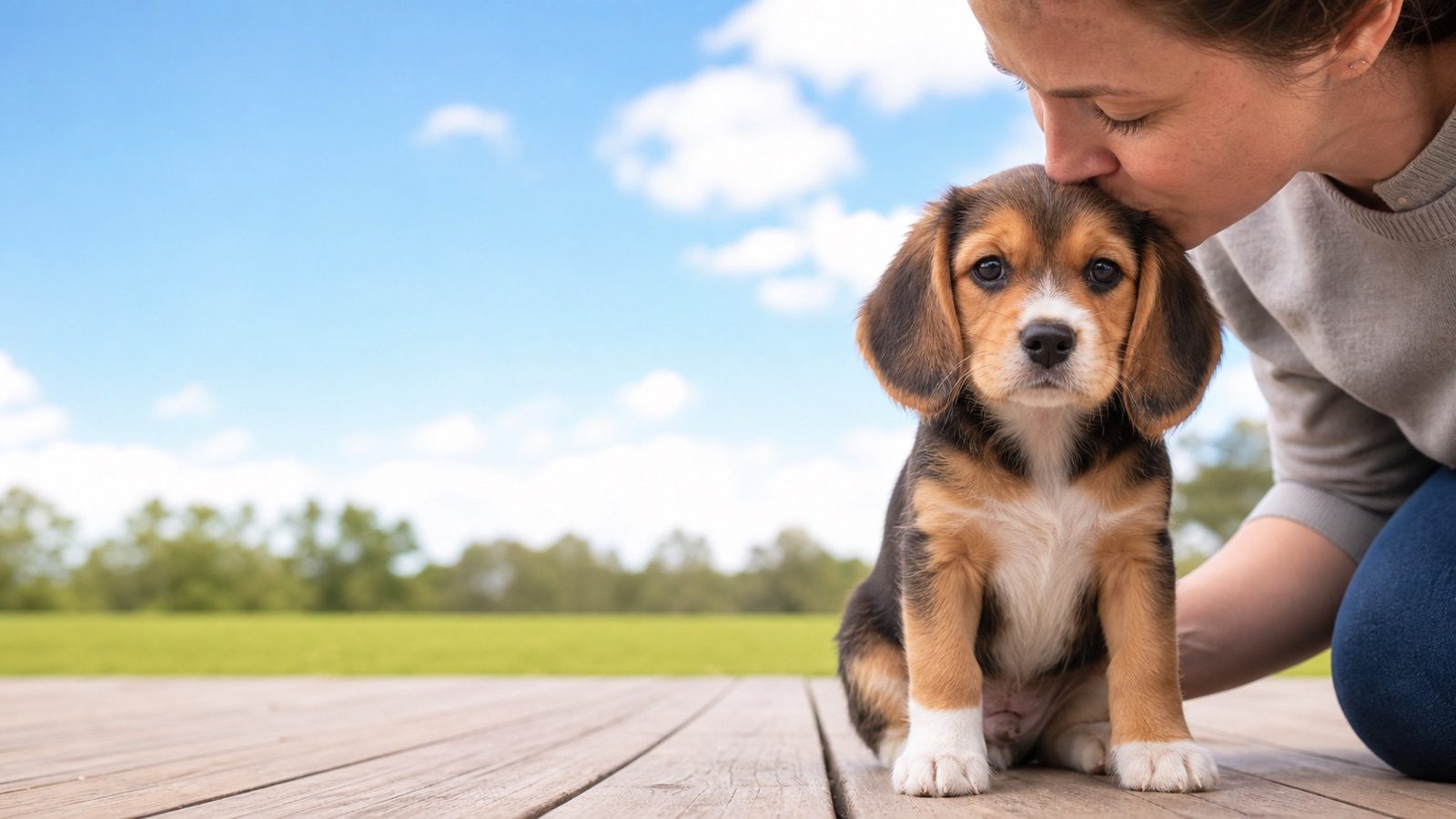 Beaglier puppy on grass in open parkland, a person kissing the top of its head, at Blue Sky Puppies