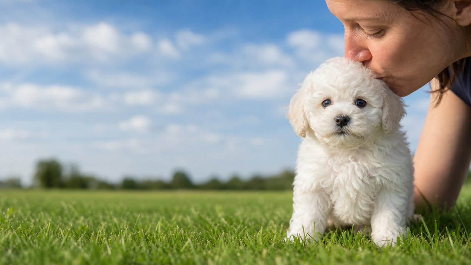 Bichon Frise puppy on grass in open parkland, a person kissing the top of its head, at Blue Sky Puppies