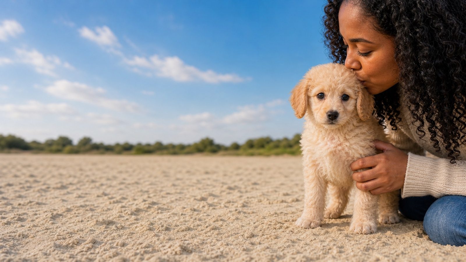 Cream curly-coated Bichonpoo puppy standing on pale sand, a person kissing the top of its head, at Blue Sky Puppies
