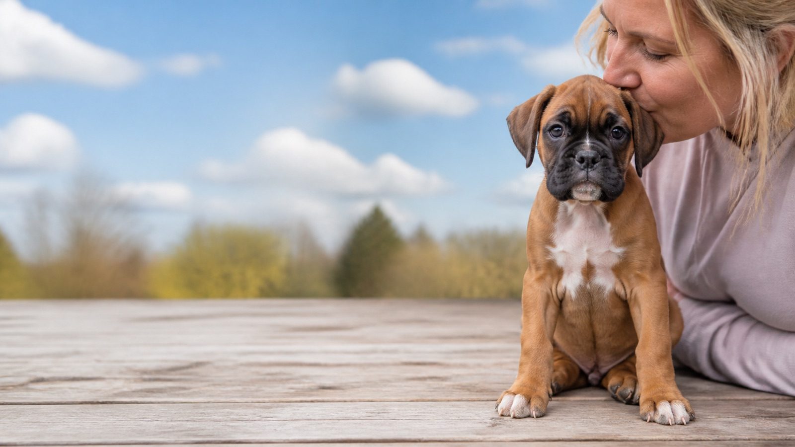 Boxer puppy on grass in open parkland, a person kissing the top of its head, at Blue Sky Puppies