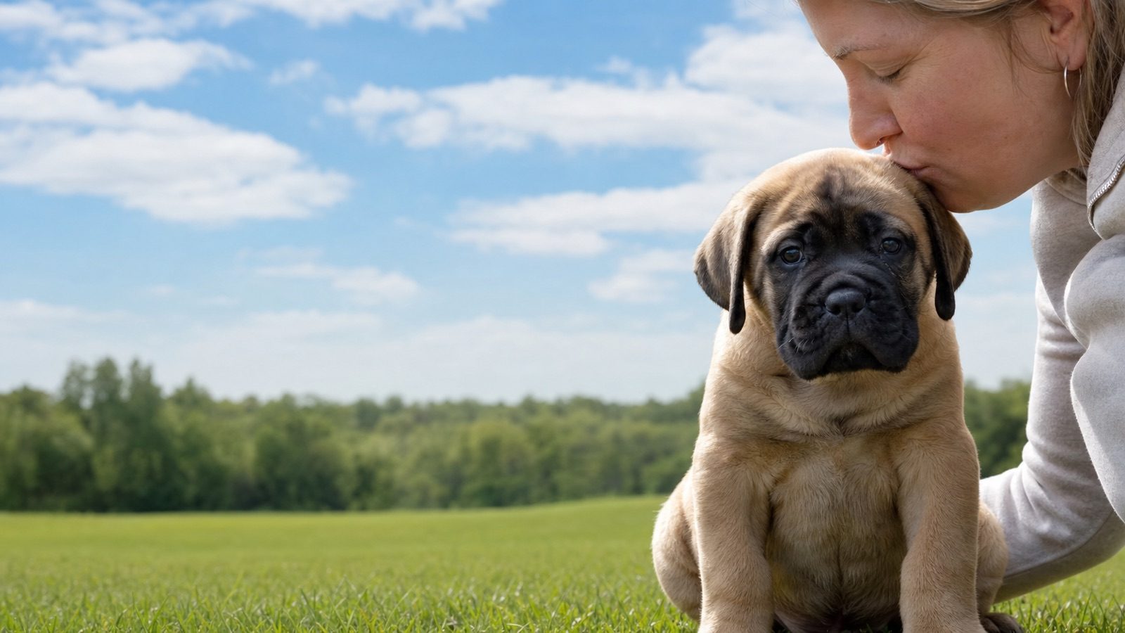 Bullmastiff puppy on grass in open parkland, a person kissing the top of its head, at Blue Sky Puppies