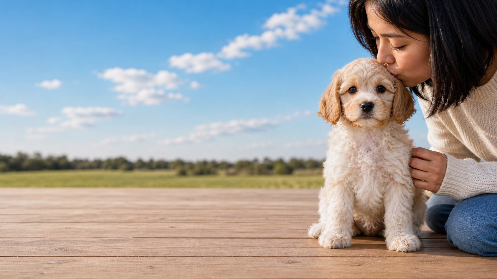 Cream curly-coated Cavachon puppy sitting on a wooden deck, a person kissing the top of its head, at Blue Sky Puppies