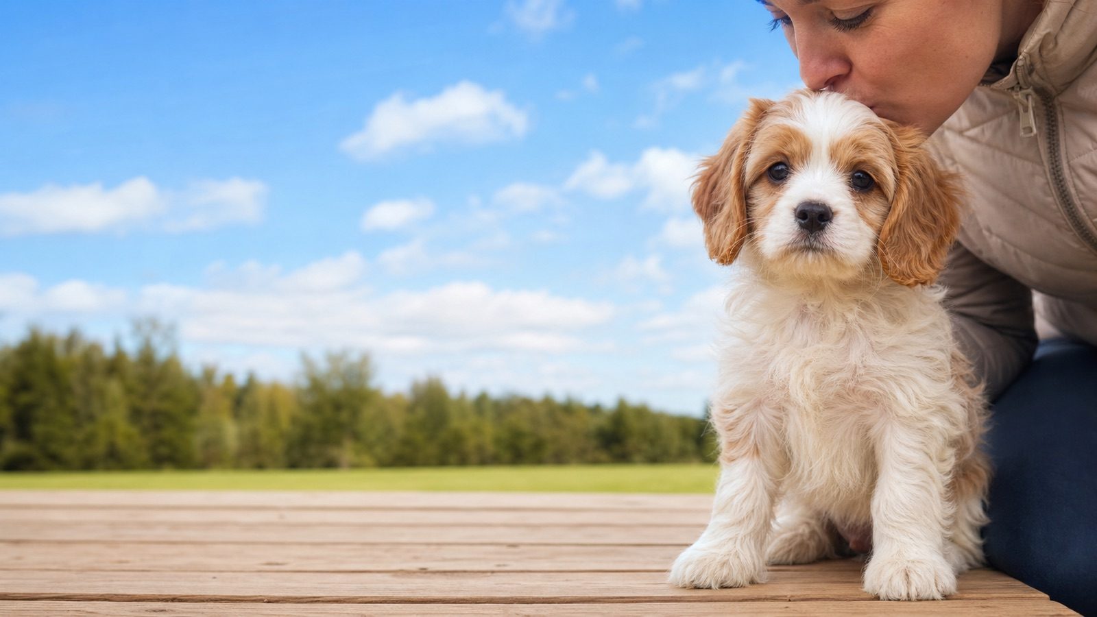 Cavamalt puppy on grass in open parkland, a person kissing the top of its head, at Blue Sky Puppies