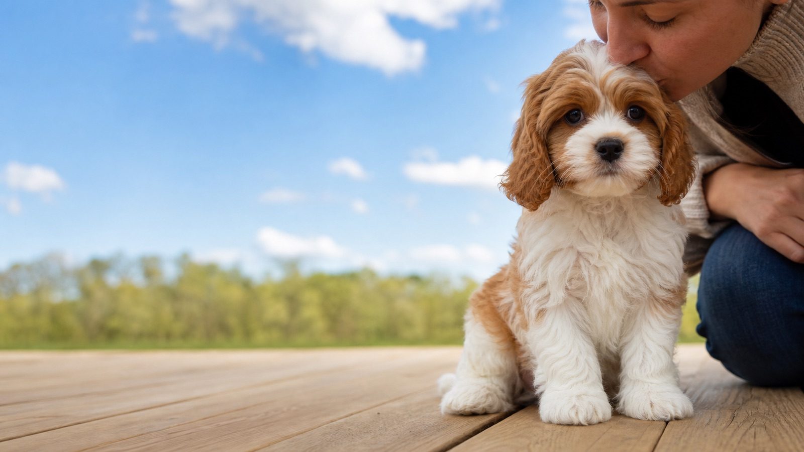 Cavatzu puppy on grass in open parkland, a person kissing the top of its head, at Blue Sky Puppies