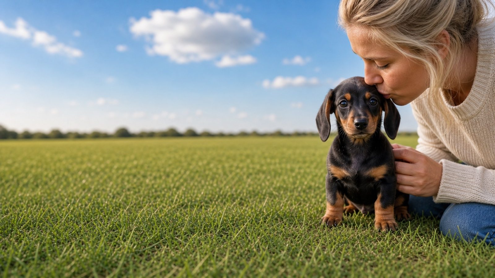 Black and tan Chiweenie puppy in an open grass field, a woman kissing the top of its head, at Blue Sky Puppies
