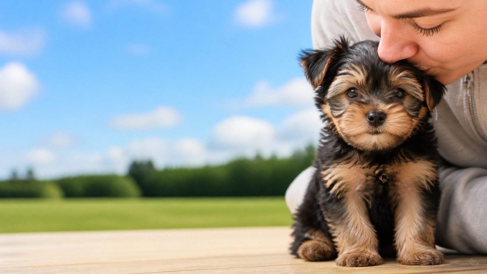 Chorkie puppy on grass in open parkland, a person kissing the top of its head, at Blue Sky Puppies