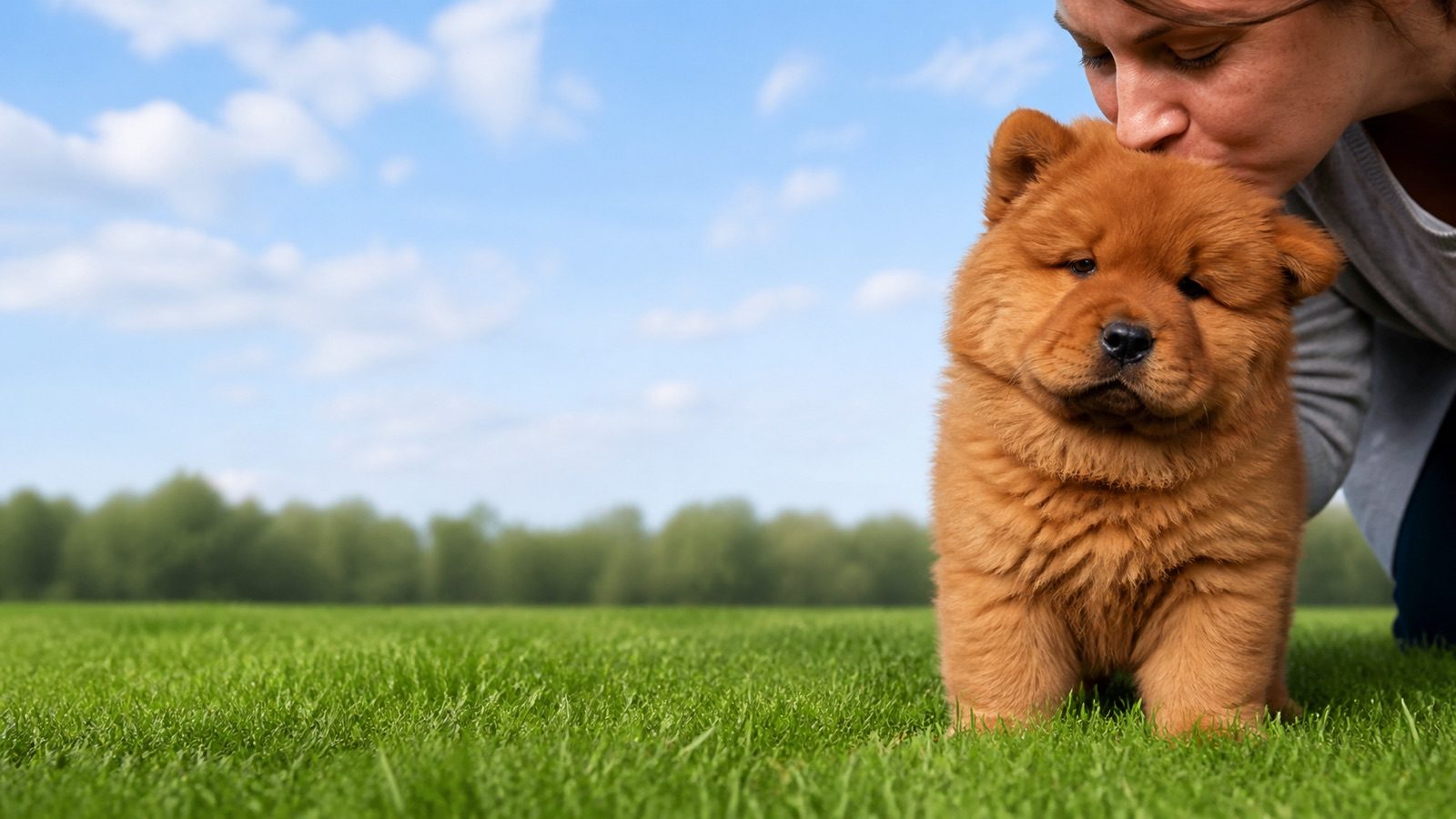 Chow Chow puppy on grass in open parkland, a person kissing the top of its head, at Blue Sky Puppies