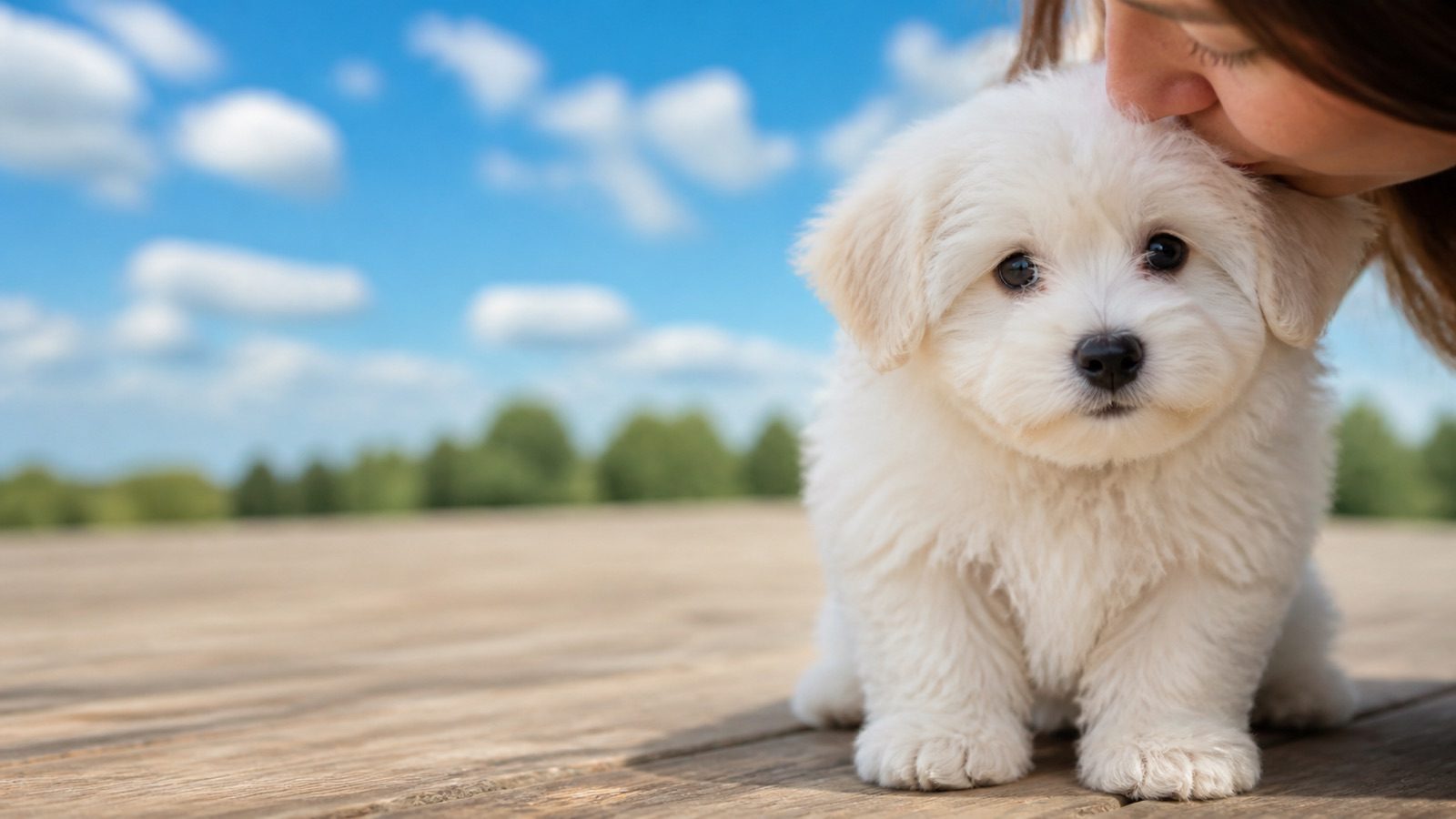 Coton De Tulear puppy on grass in open parkland, a person kissing the top of its head, at Blue Sky Puppies
