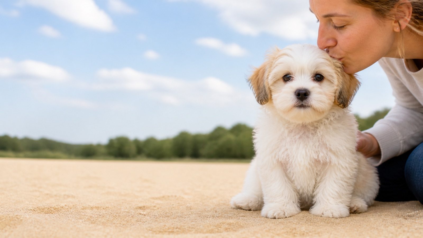 Coton Tzu puppy on grass in open parkland, a person kissing the top of its head, at Blue Sky Puppies
