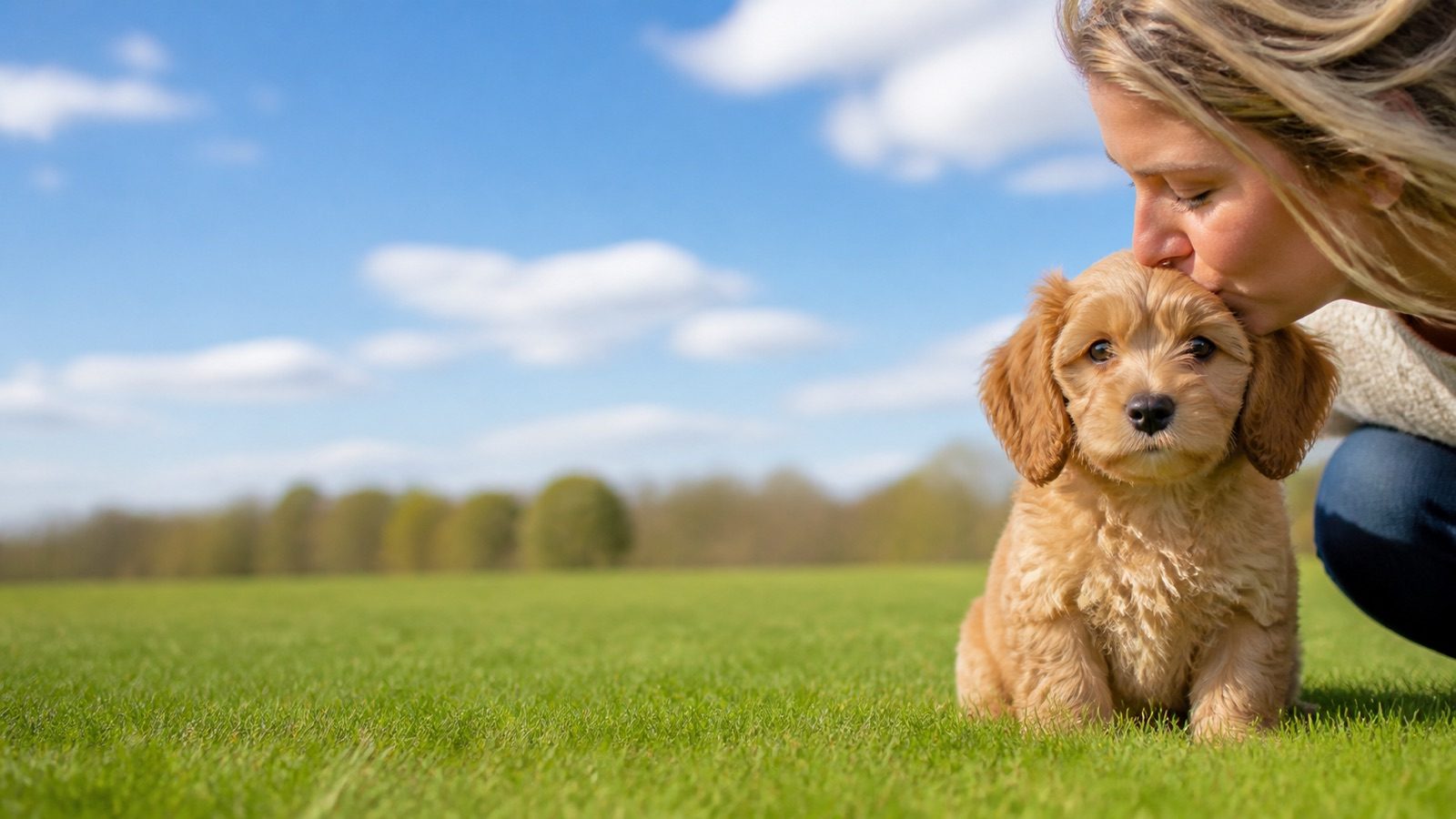 Doxiepoo puppy on grass in open parkland, a person kissing the top of its head, at Blue Sky Puppies