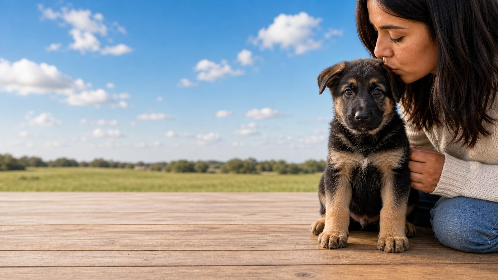Black and tan German Shepherd puppy sitting on a wooden deck, a person kissing its head, at Blue Sky Puppies