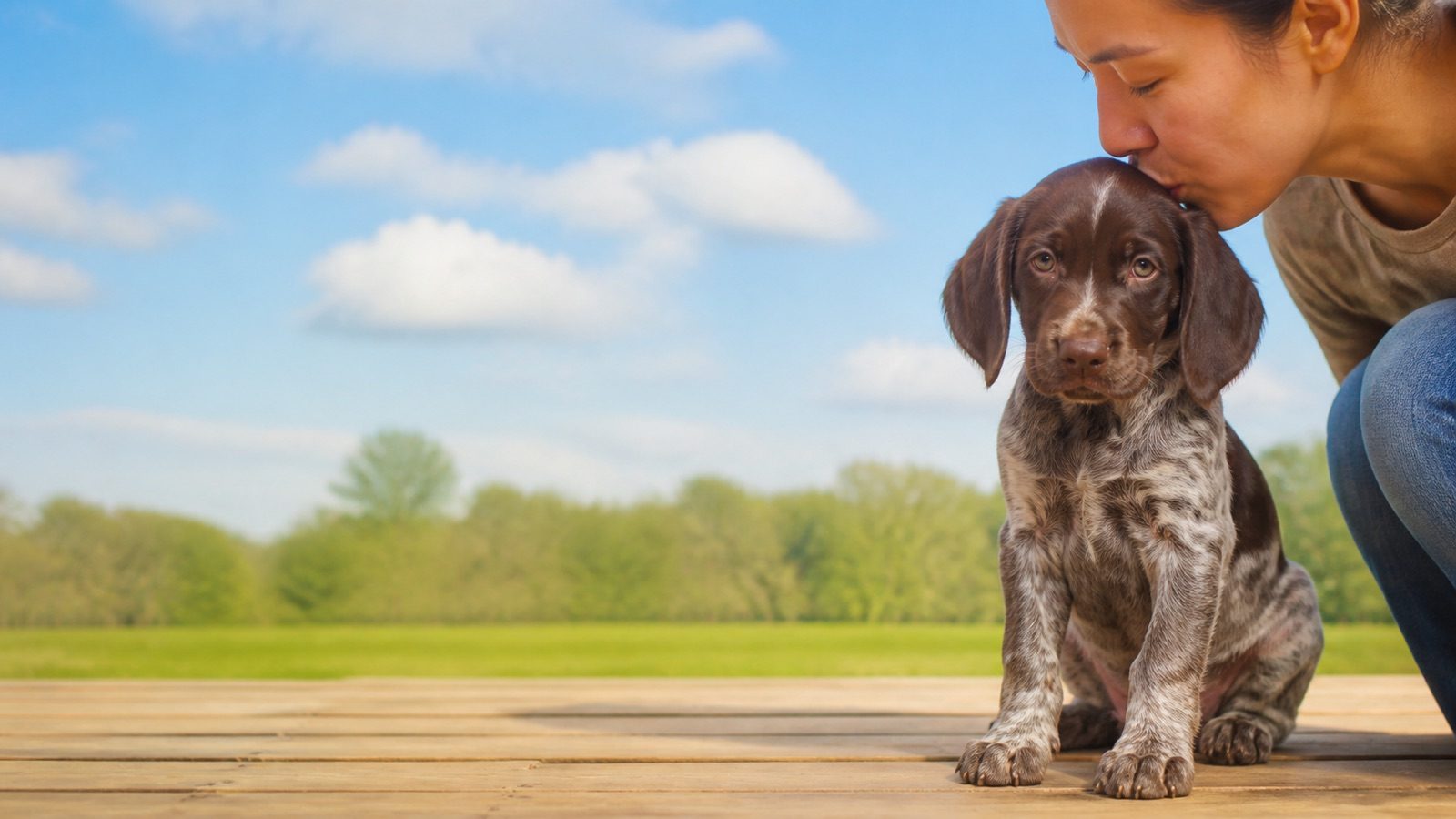 German Shorthaired Pointer puppy on grass in open parkland, a person kissing the top of its head, at Blue Sky Puppies