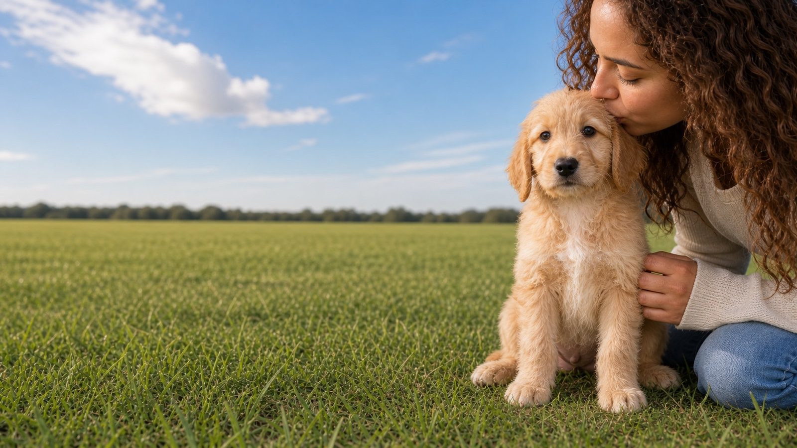 Apricot wavy-coated Goldendoodle puppy sitting in a wide grass field, a person kissing its head, at Blue Sky Puppies