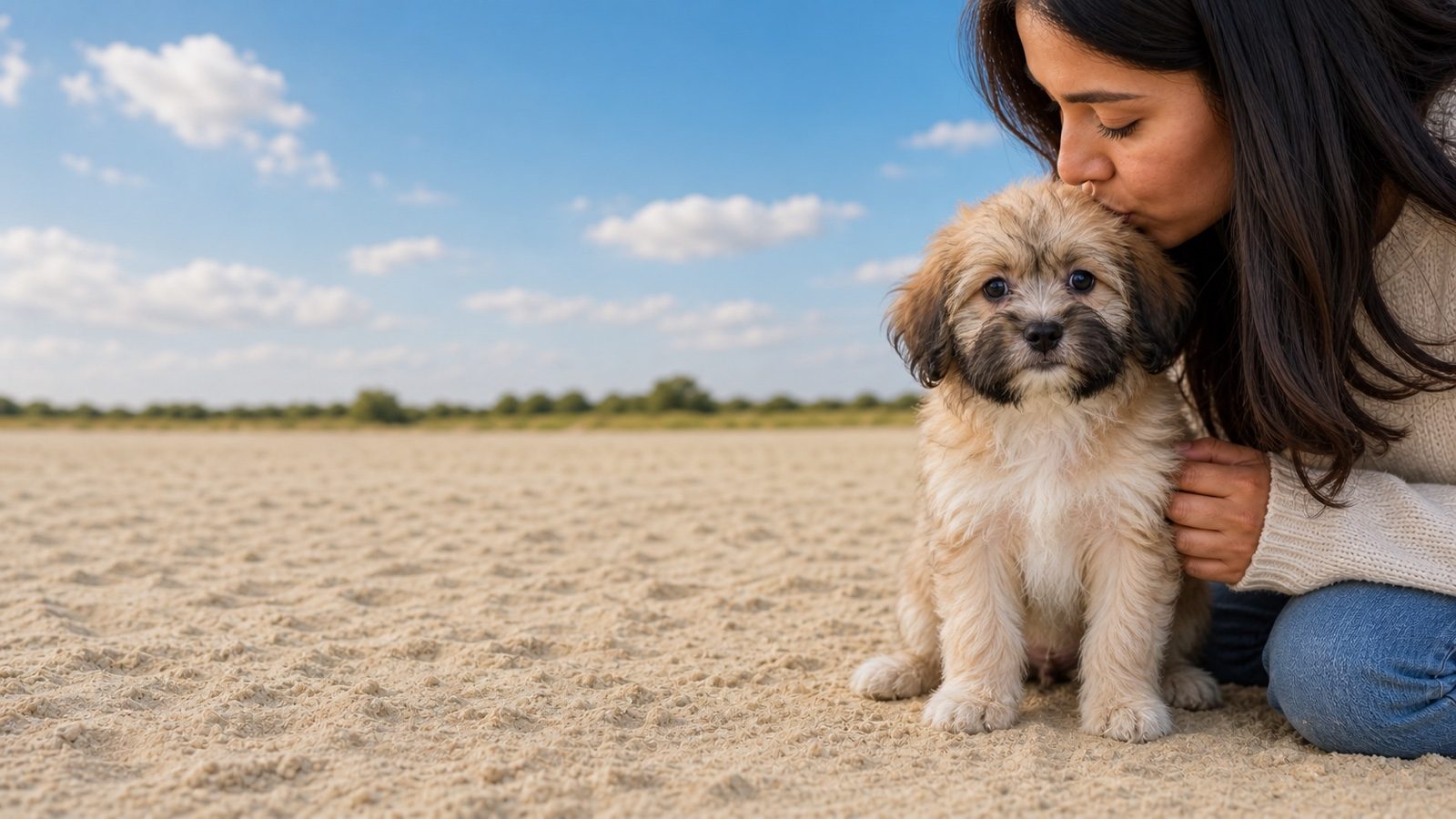 Shaggy cream and sable Havanese puppy sitting on pale sand, a person kissing the top of its head, at Blue Sky Puppies
