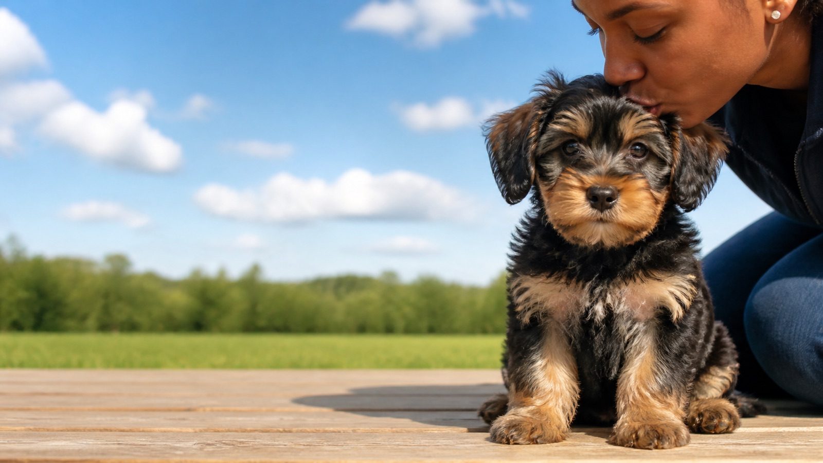 Havashire puppy on grass in open parkland, a person kissing the top of its head, at Blue Sky Puppies
