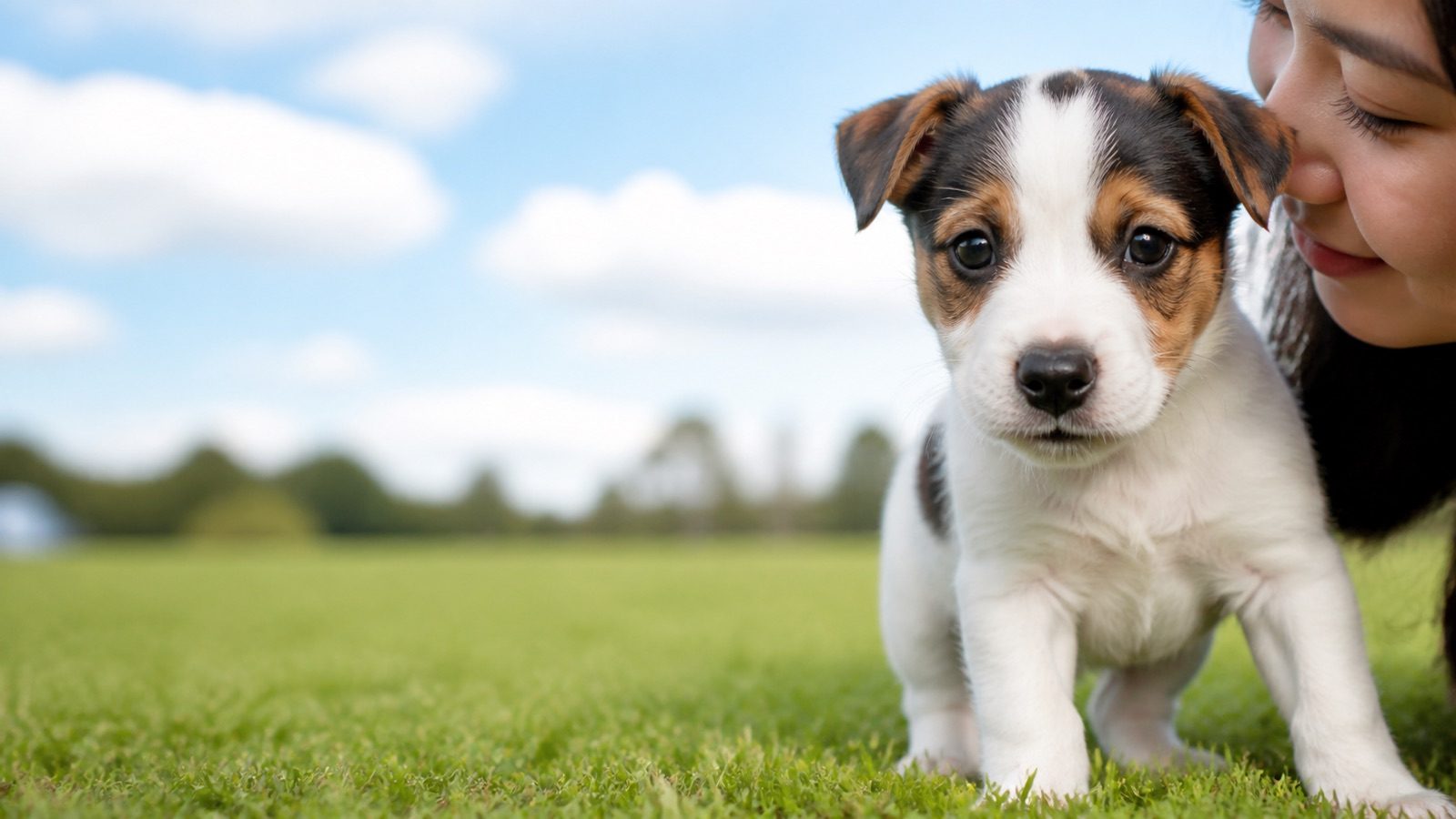 Jack Russell Terrier puppy on grass in open parkland, a person kissing the top of its head, at Blue Sky Puppies