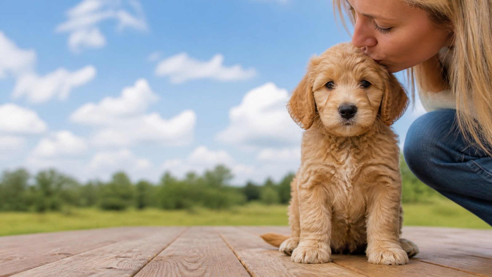 Labradoodle puppy on grass in open parkland, a person kissing the top of its head, at Blue Sky Puppies