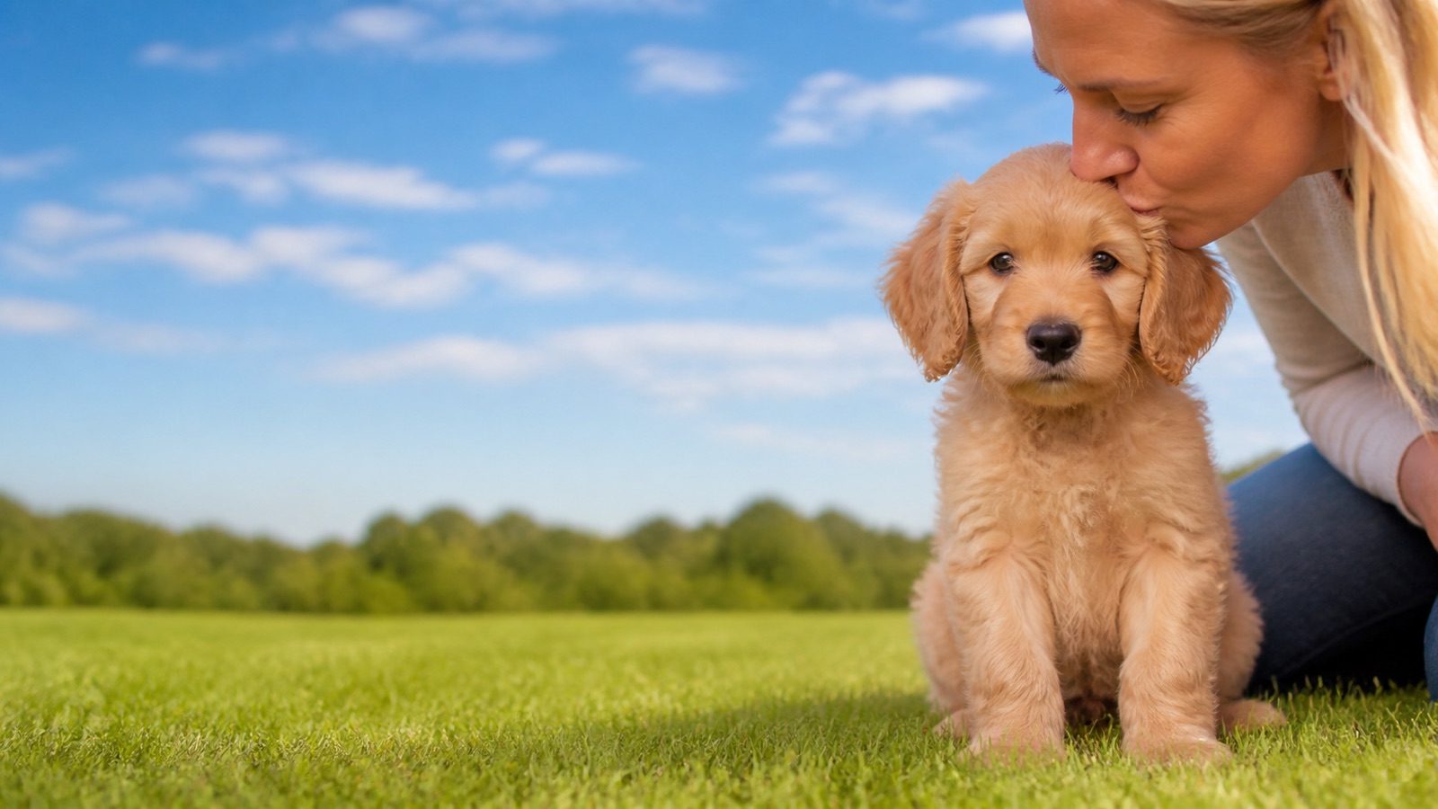 Micro Goldendoodle puppy on grass in open parkland, a person kissing the top of its head, at Blue Sky Puppies