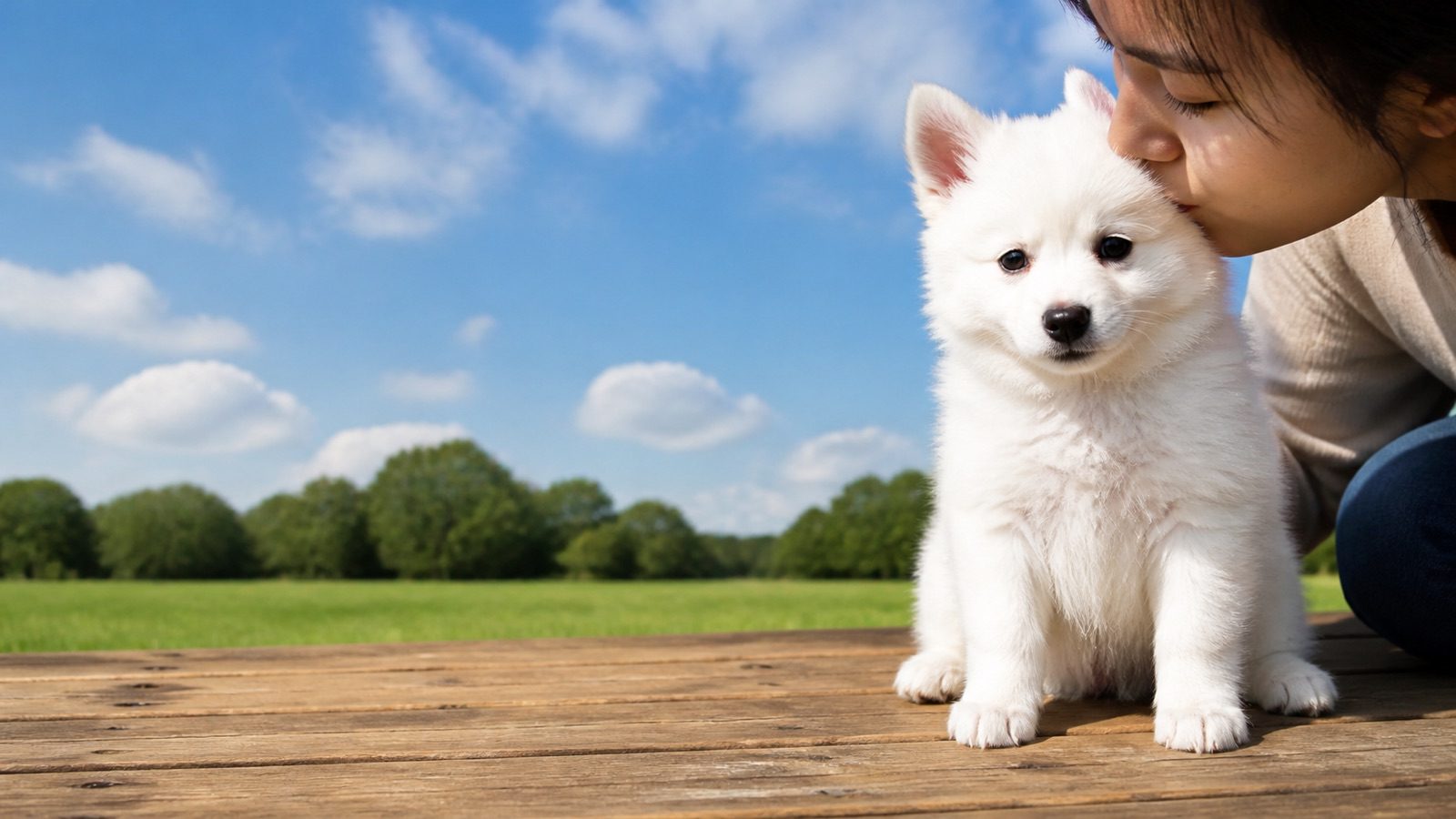 Mini American Eskimo puppy on grass in open parkland, a person kissing the top of its head, at Blue Sky Puppies