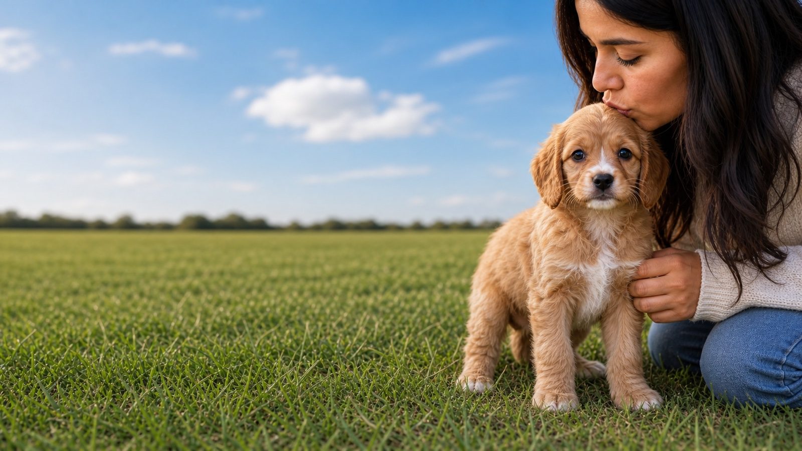 Apricot wavy-coated Mini Goldendoodle puppy standing in a green grass field, a person kissing its head, at Blue Sky Puppies