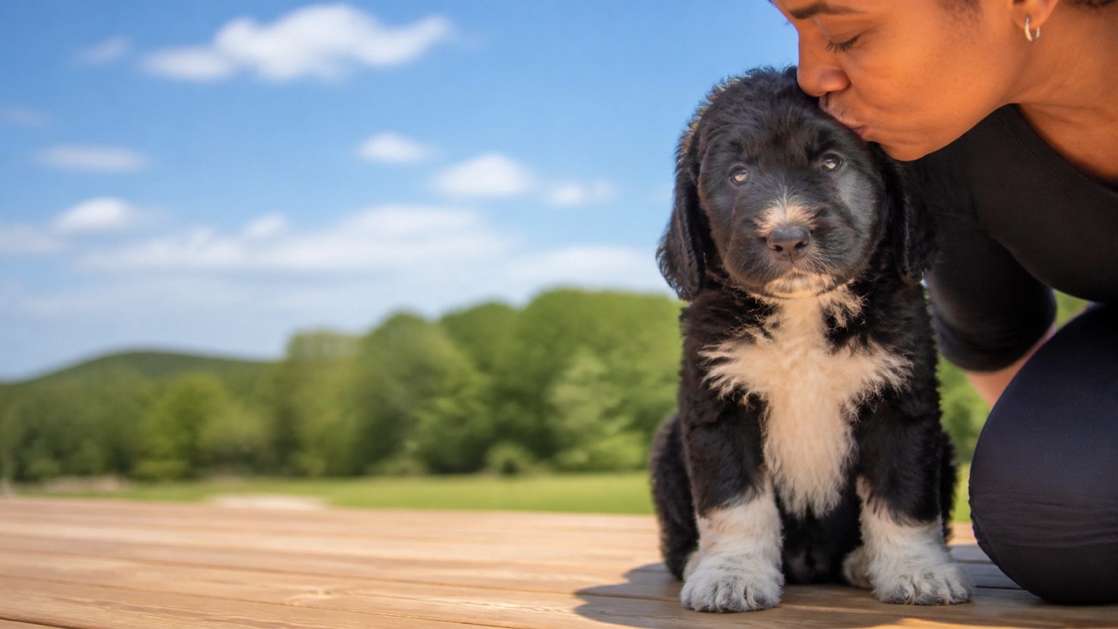 Newfypoo puppy on grass in open parkland, a person kissing the top of its head, at Blue Sky Puppies