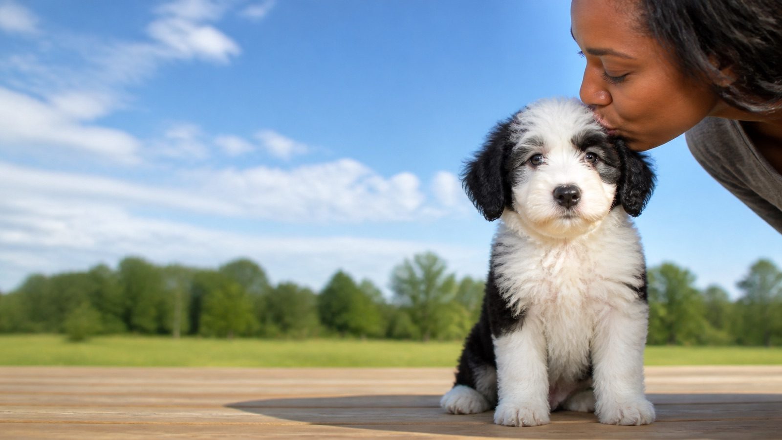 Mini Sheepadoodle puppy on grass in open parkland, a person kissing the top of its head, at Blue Sky Puppies