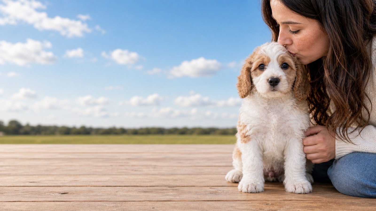 Apricot and white wavy-coated Mini Whoodle puppy sitting on a wooden deck, a person kissing its head, at Blue Sky Puppies