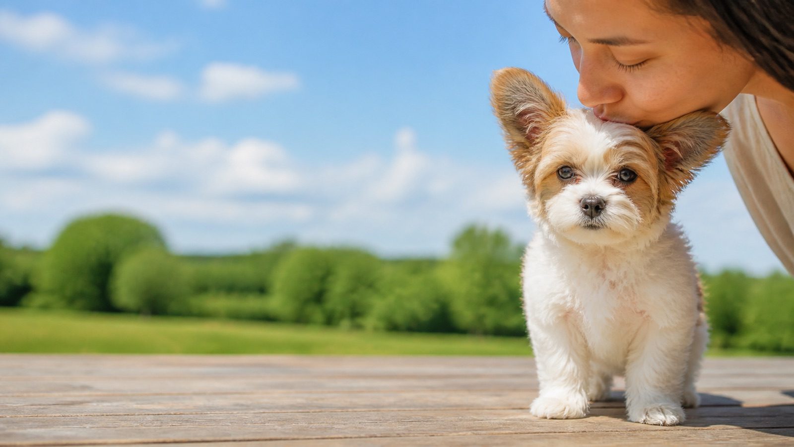 Papatzu puppy on grass in open parkland, a person kissing the top of its head, at Blue Sky Puppies