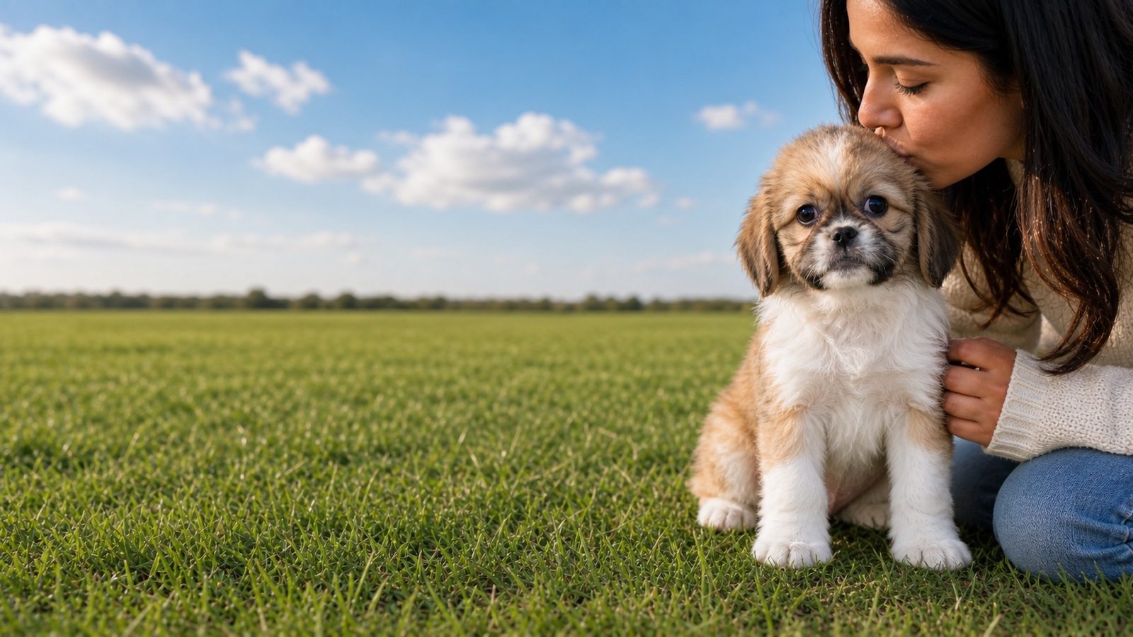 Tan and white fluffy Peekapoo puppy sitting in a green grass field, a person kissing its head, at Blue Sky Puppies