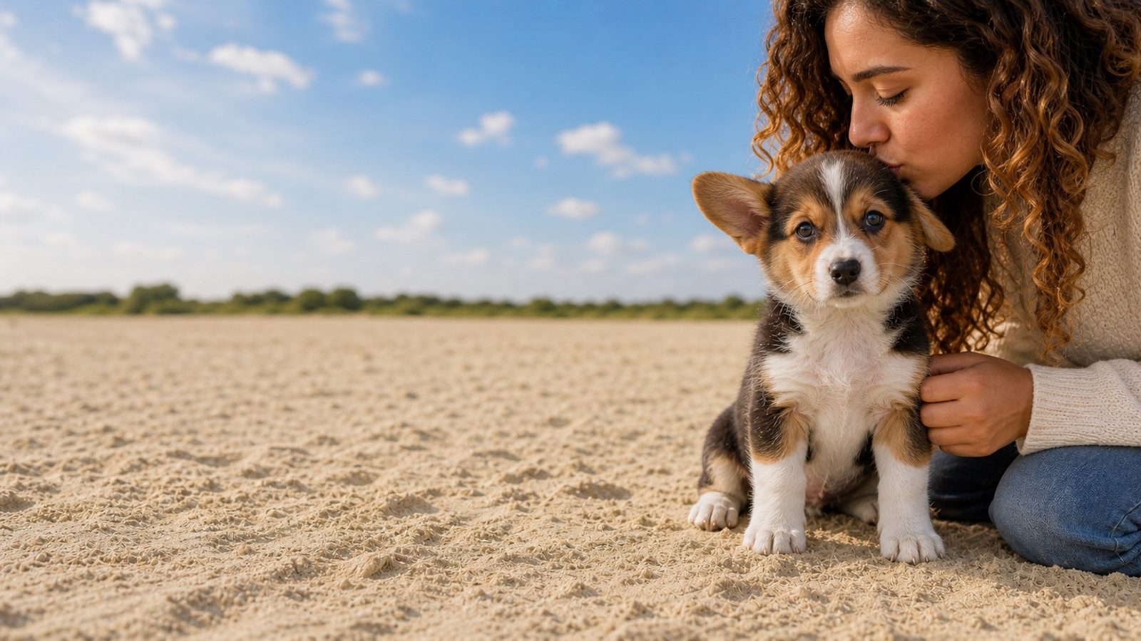 Tricolor black, tan and white Pembroke Welsh Corgi puppy on pale sand, a person kissing its head, at Blue Sky Puppies