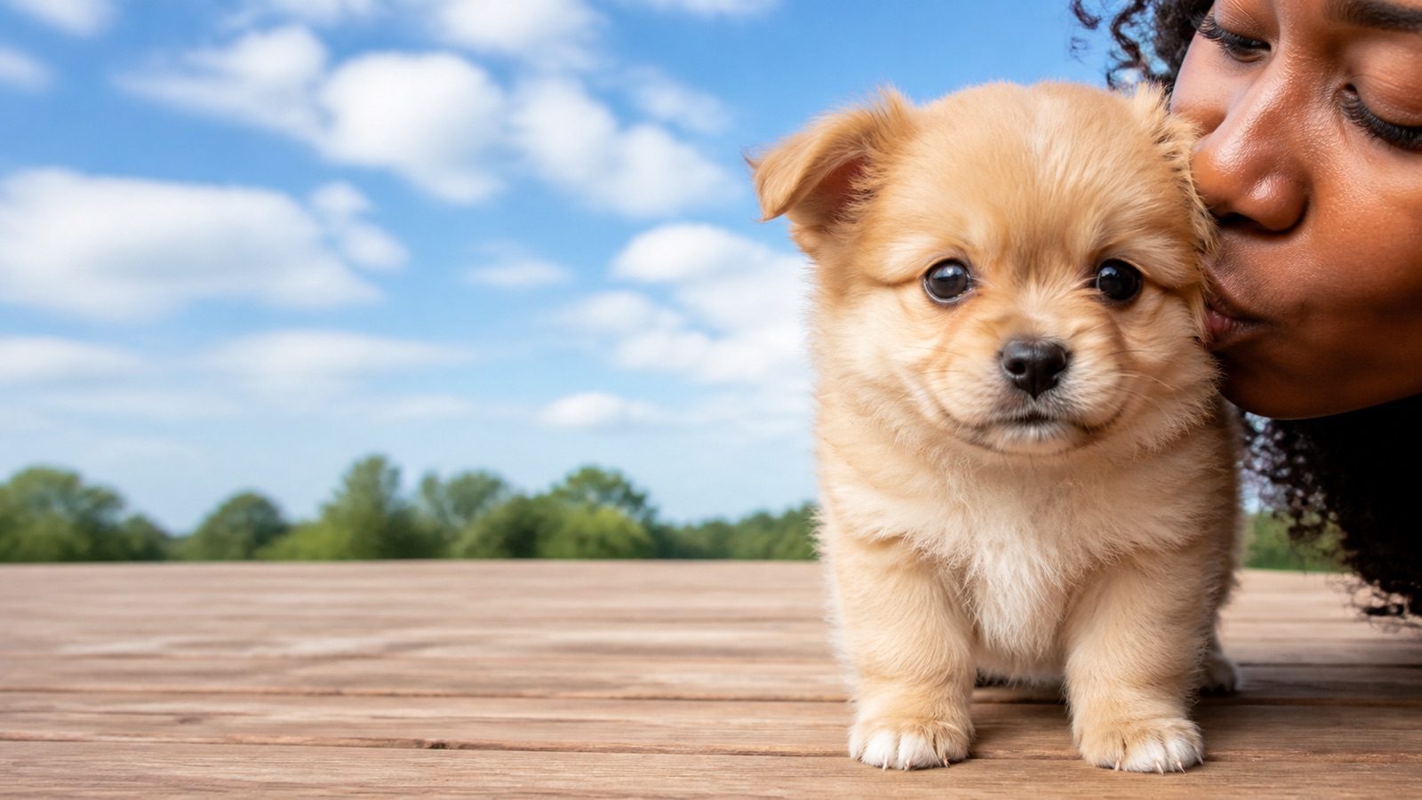 Pomchi puppy on grass in open parkland, a person kissing the top of its head, at Blue Sky Puppies