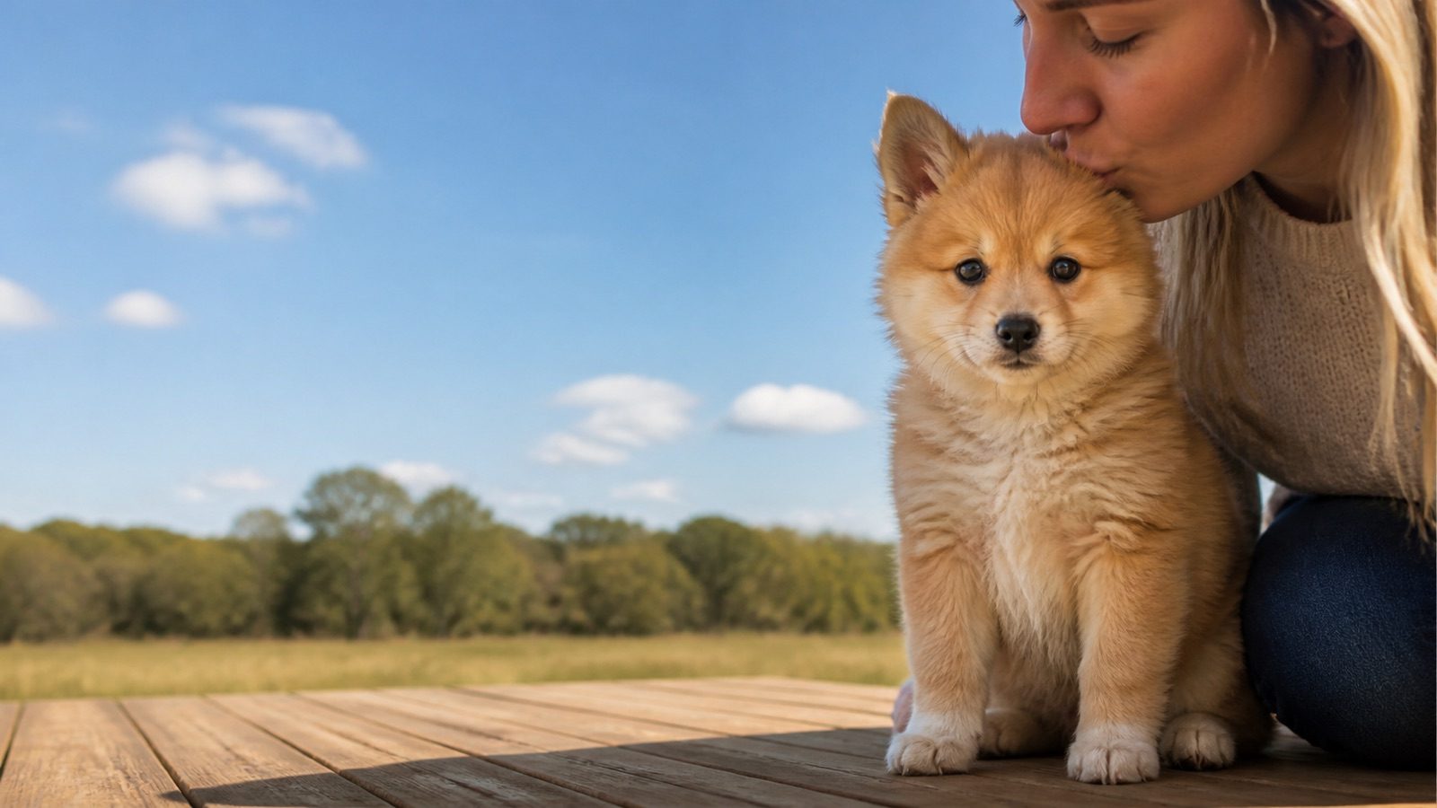 Pomshi puppy on grass in open parkland, a person kissing the top of its head, at Blue Sky Puppies