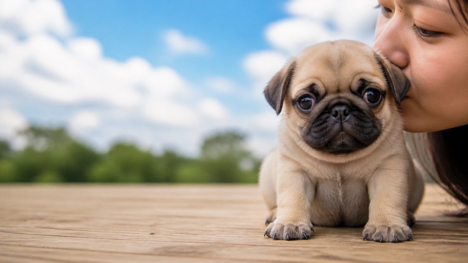 Pug puppy on grass in open parkland, a person kissing the top of its head, at Blue Sky Puppies