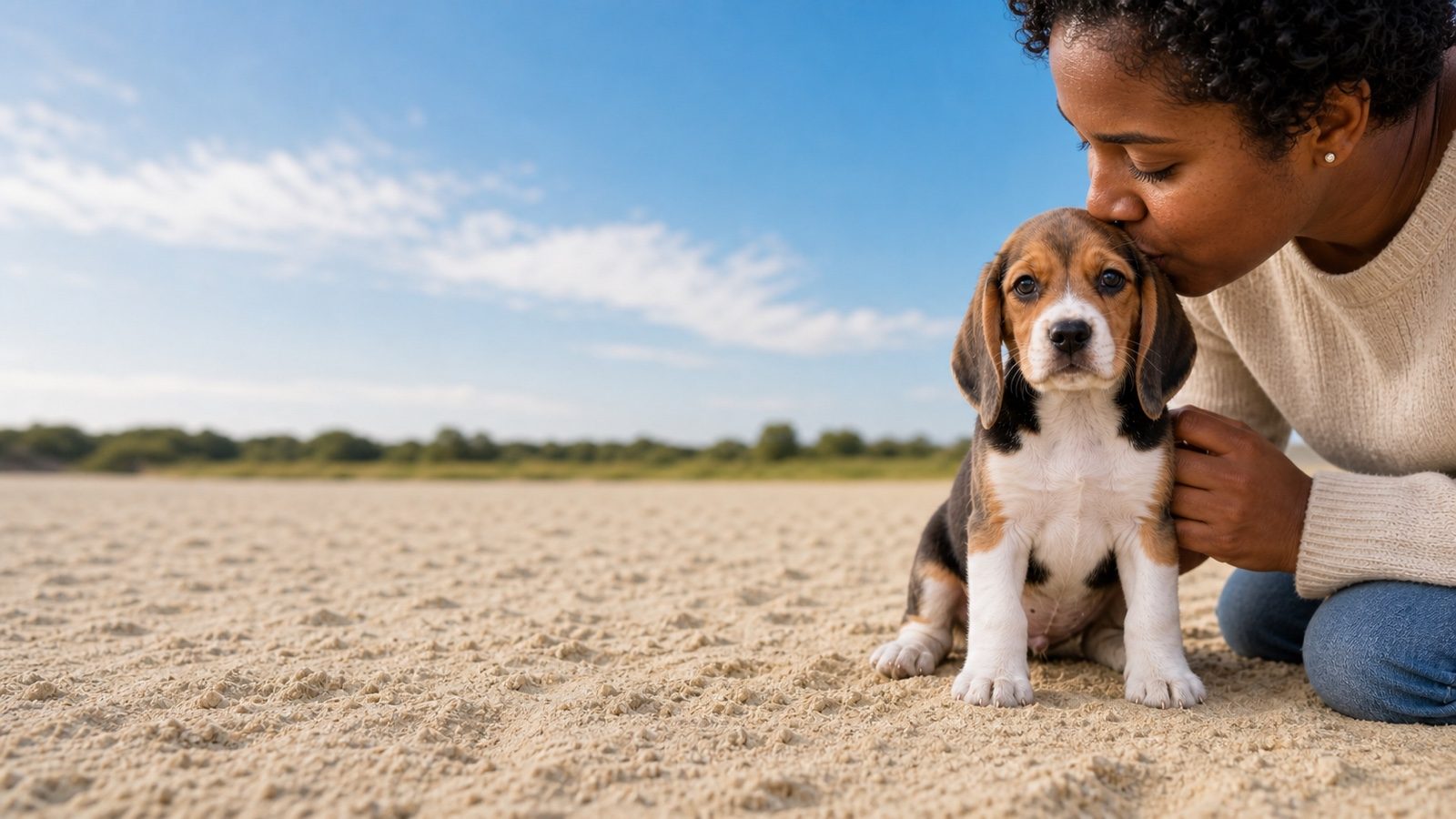 Tricolor Puggle puppy with long Beagle ears on pale sand, a woman kissing the top of its head, at Blue Sky Puppies
