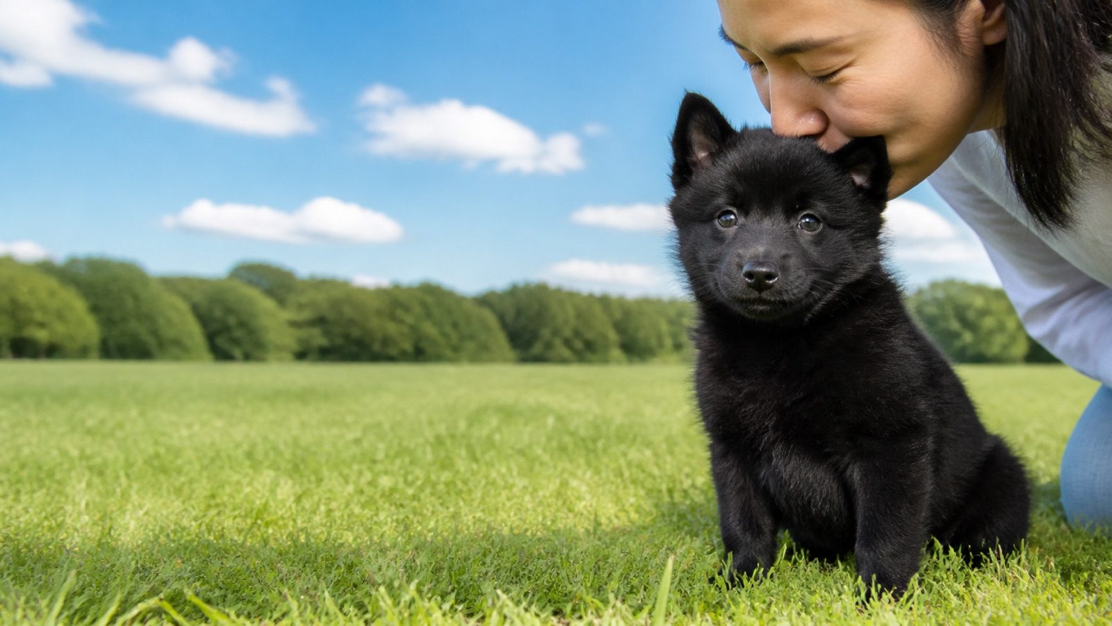 Schipperke puppy on grass in open parkland, a person kissing the top of its head, at Blue Sky Puppies