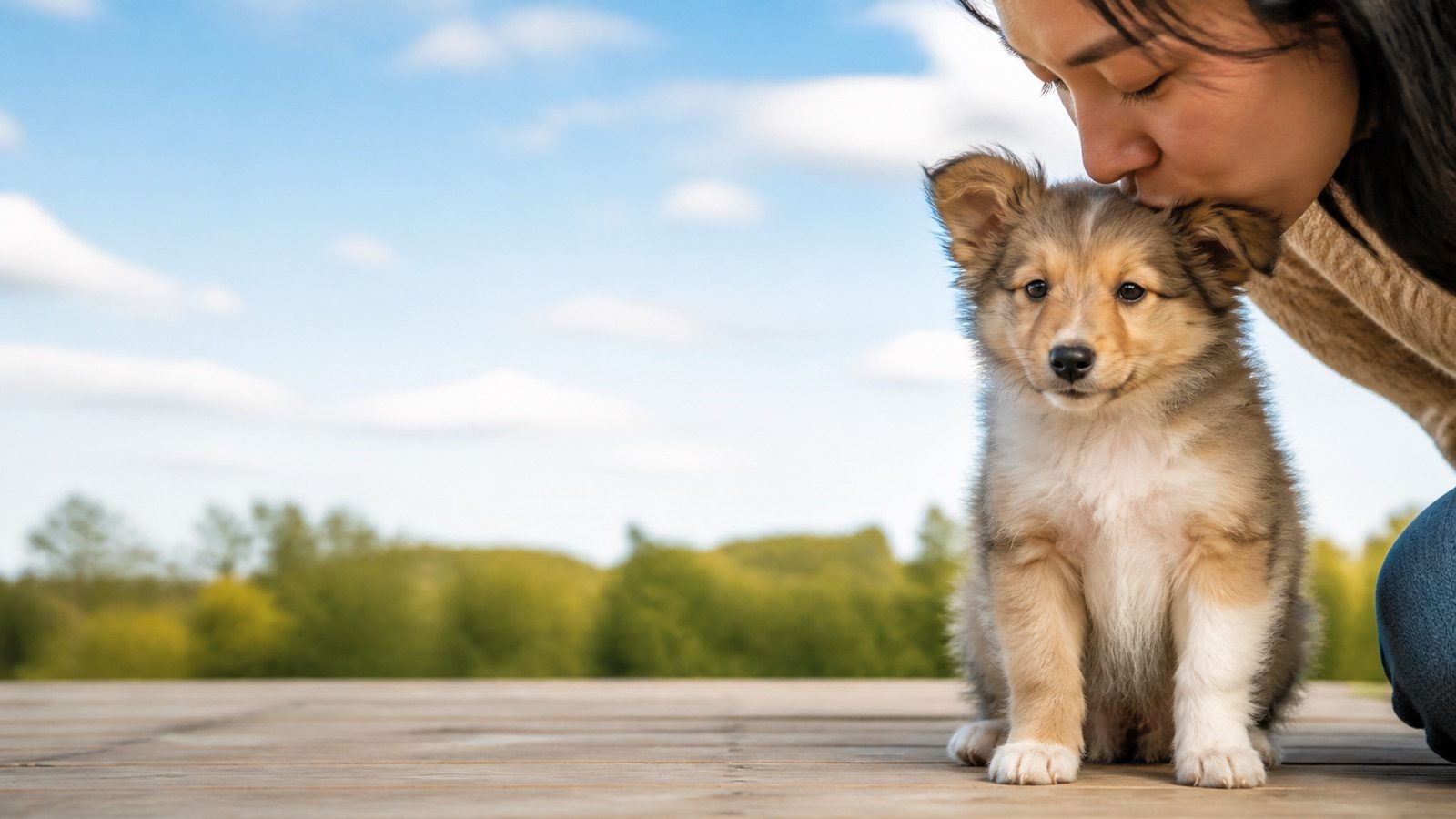 Sheltiepoo puppy on grass in open parkland, a person kissing the top of its head, at Blue Sky Puppies