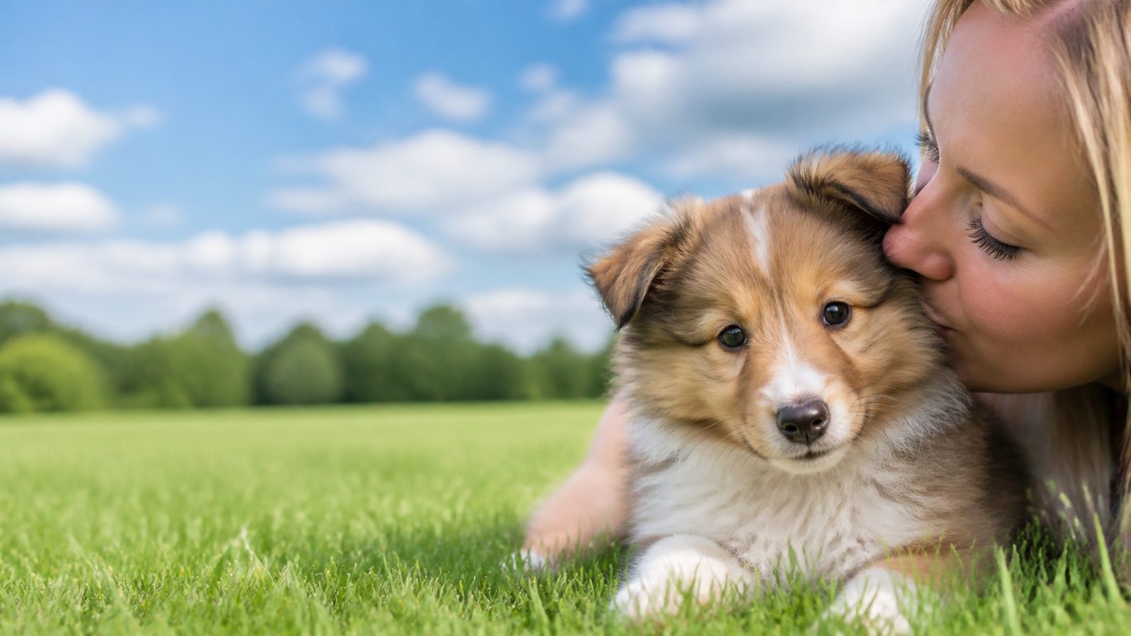 Shetland Sheepdog puppy on grass in open parkland, a person kissing the top of its head, at Blue Sky Puppies
