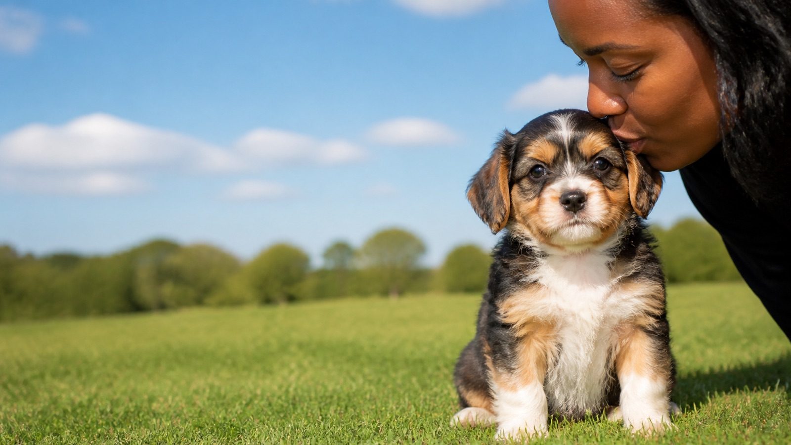 Shi Beagle puppy on grass in open parkland, a person kissing the top of its head, at Blue Sky Puppies