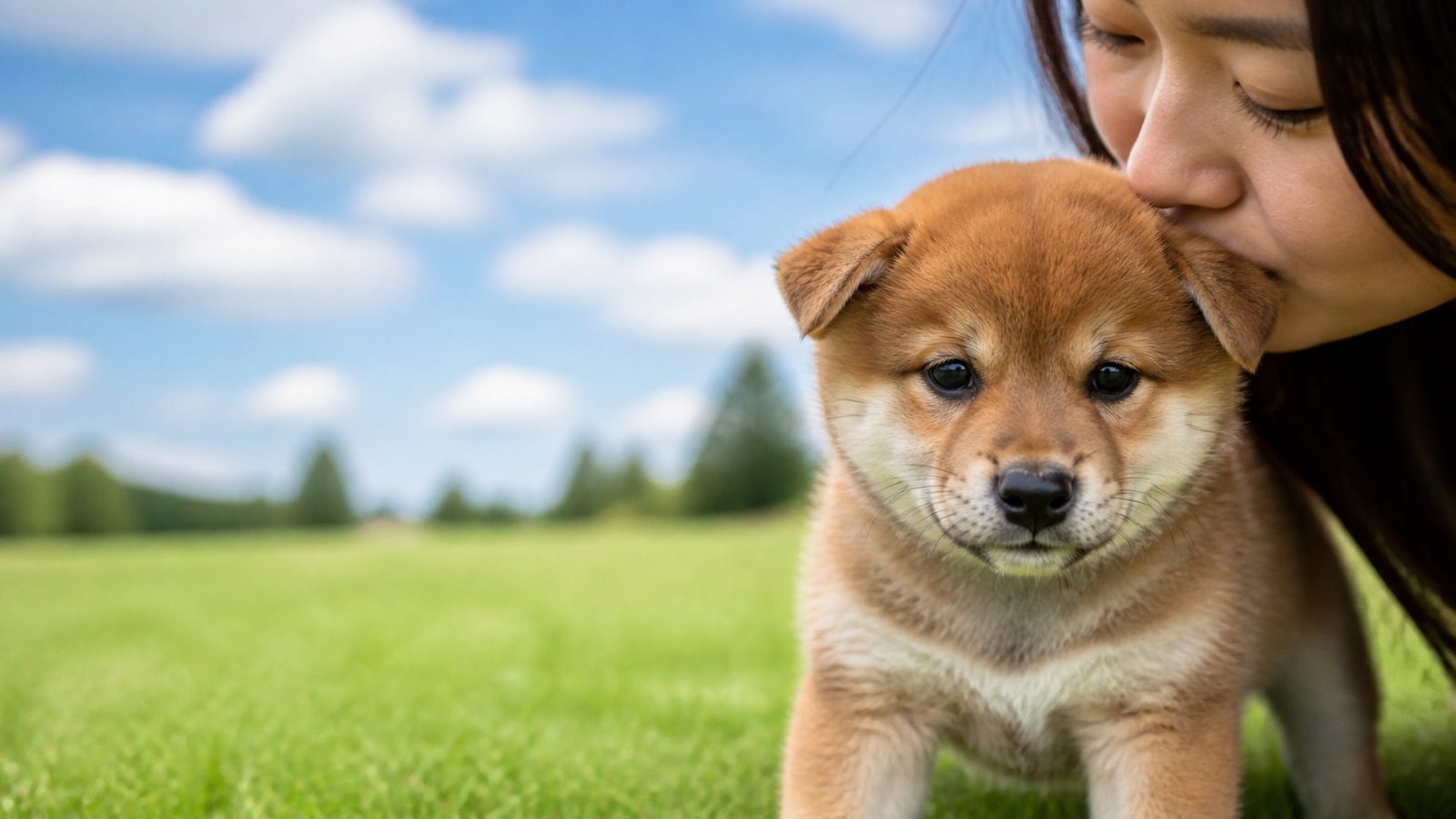 Shiba Inu puppy on grass in open parkland, a person kissing the top of its head, at Blue Sky Puppies