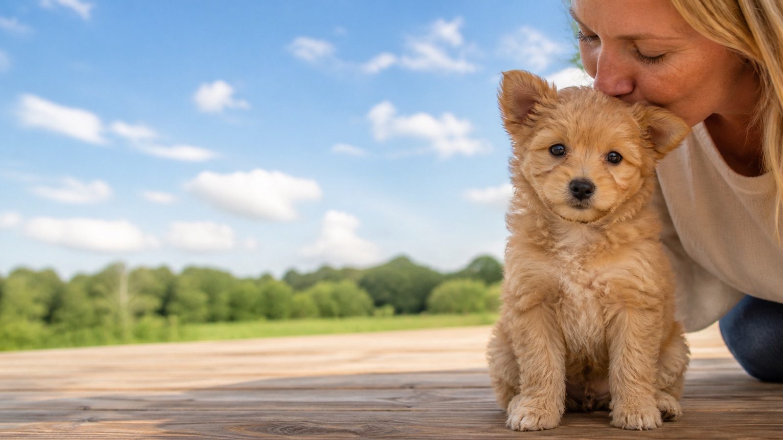 Shiba Poo puppy on grass in open parkland, a person kissing the top of its head, at Blue Sky Puppies