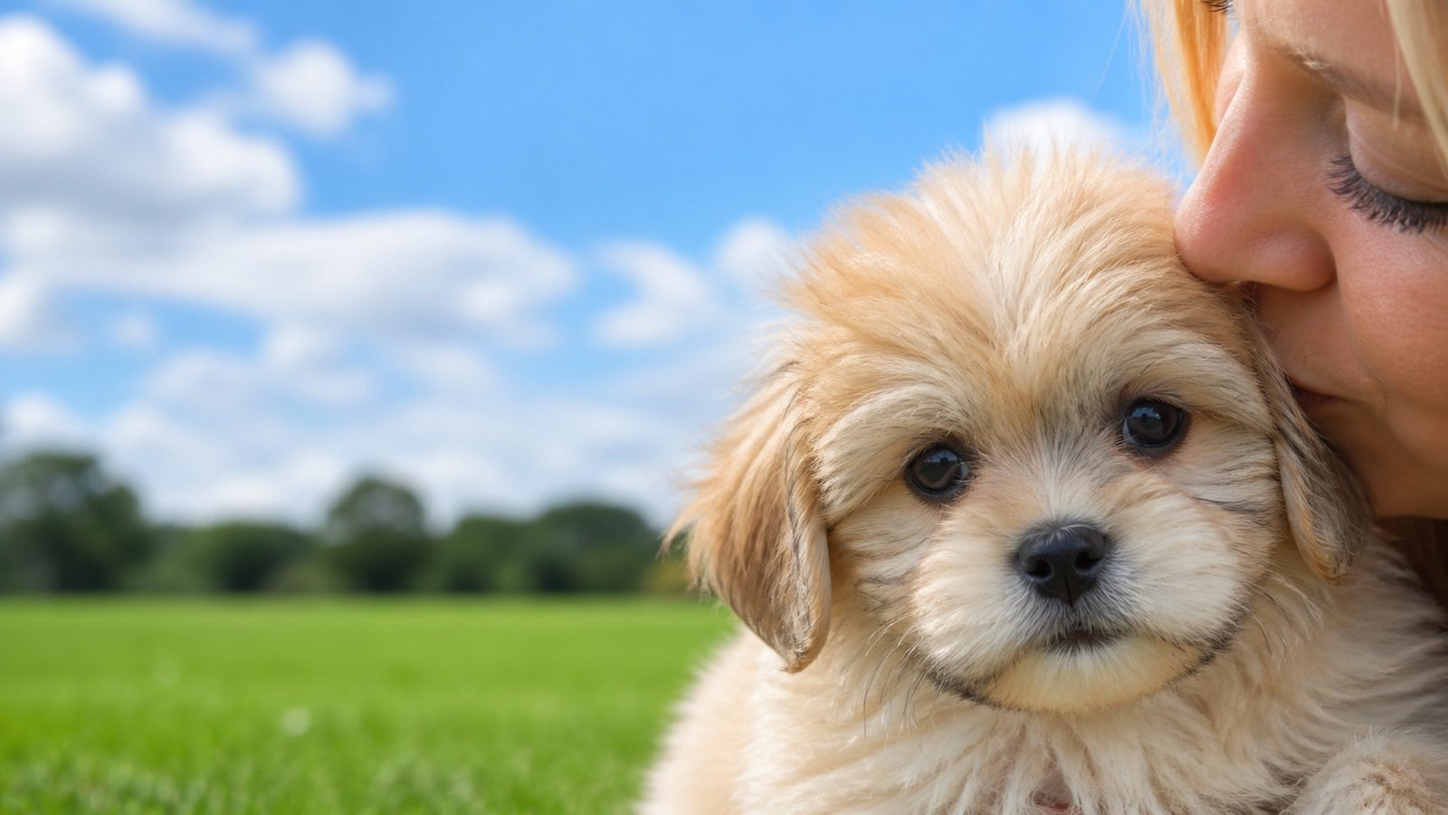 Shihpom puppy on grass in open parkland, a person kissing the top of its head, at Blue Sky Puppies