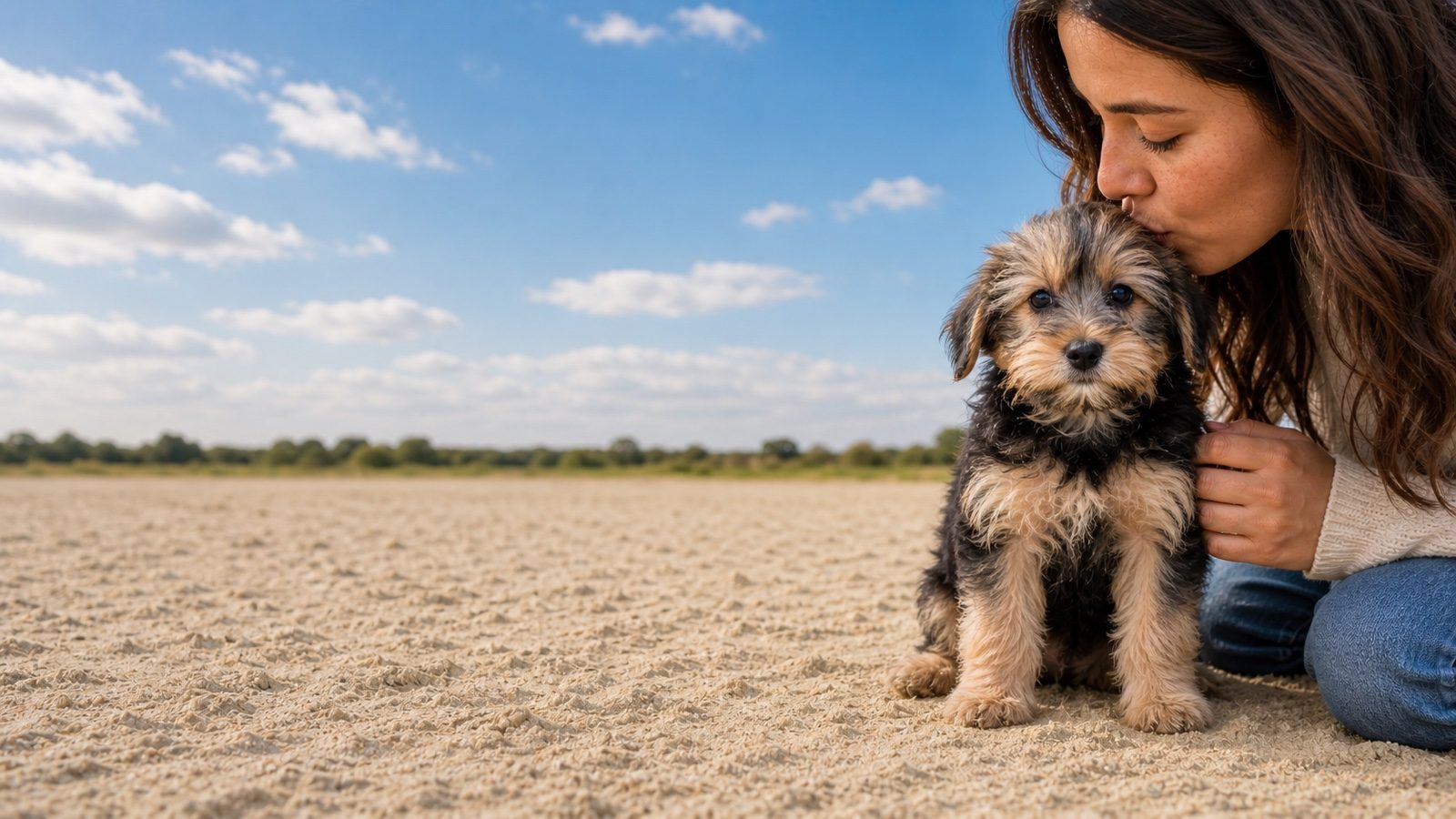 Black and tan scruffy-coated Shorkie puppy sitting on pale sand, a person kissing its head, at Blue Sky Puppies