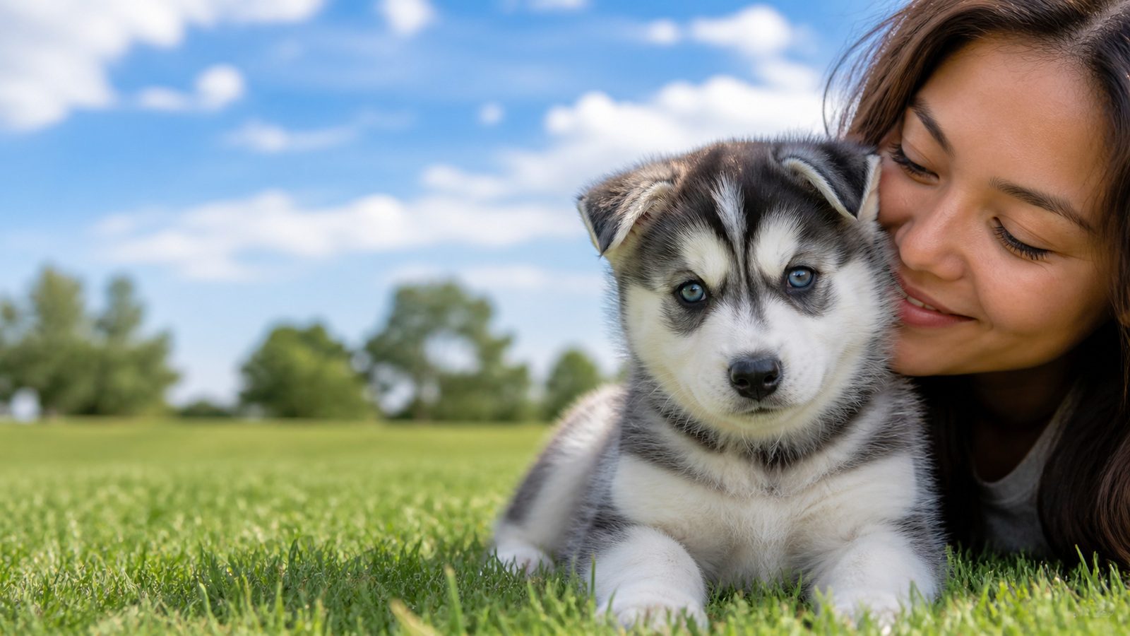 Siberian Husky puppy on grass in open parkland, a person kissing the top of its head, at Blue Sky Puppies