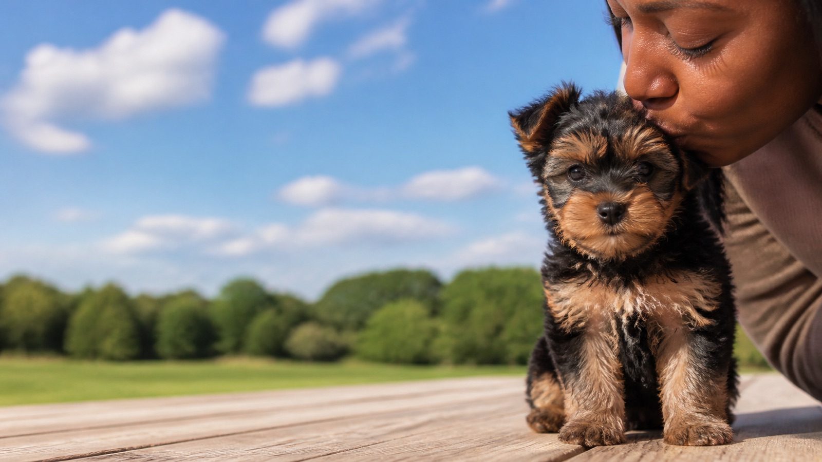 Silkypoo puppy on grass in open parkland, a person kissing the top of its head, at Blue Sky Puppies